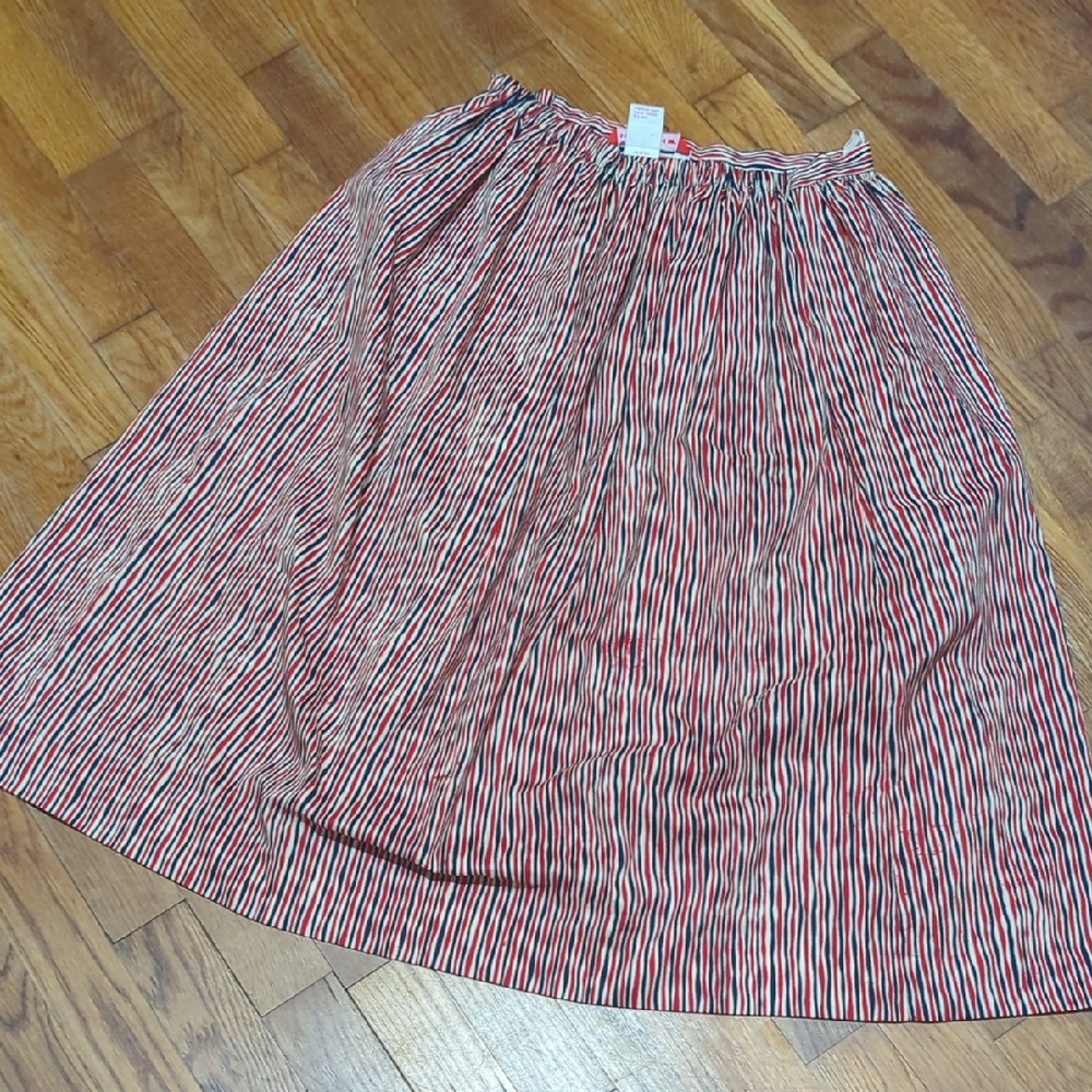 Vintage HALSTON Midi A-LINE SKIRT Red Blue White/ Beige STRIPE Sz 10